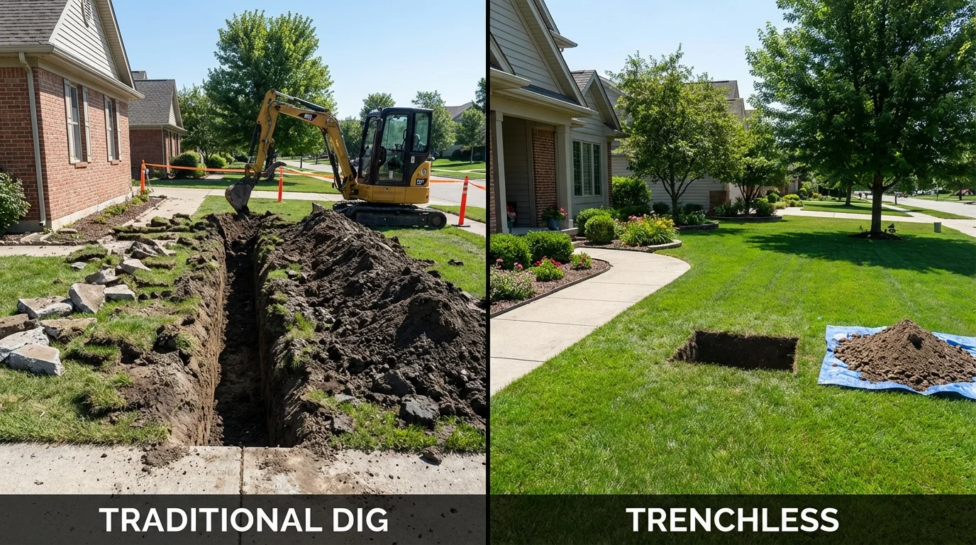 Trenchless sewer repair with minimal yard damage versus traditional excavation in Minnewaukan, ND