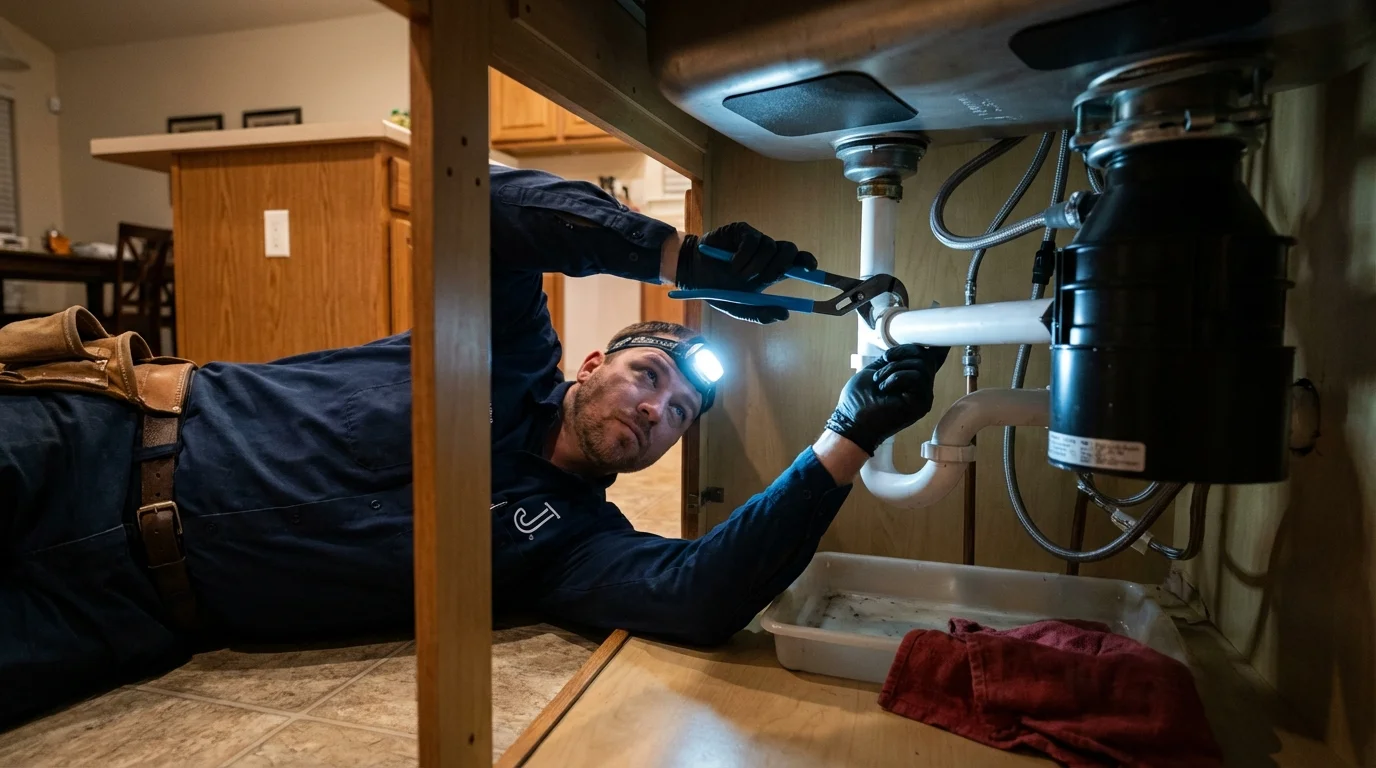 P-trap and supply line connections under a kitchen sink showing a common leak point in Minnewaukan, ND